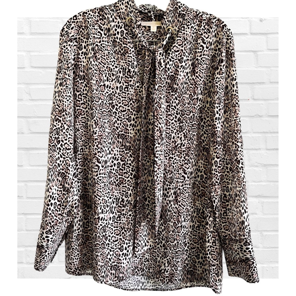 Etcetera Leopard Animal Print Bow Blouse Old Money Tie Long Sleeve Silky Women 6